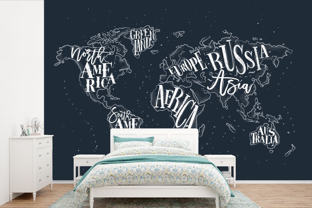 MuchoWow Fototapete für Wohnzimmer oder Schlafzimmer Wandtapete Vinyl Motivtapete Weltkarte - Schwarz - Weiß - Buchstaben - 360x240 cm - Vinyl-...