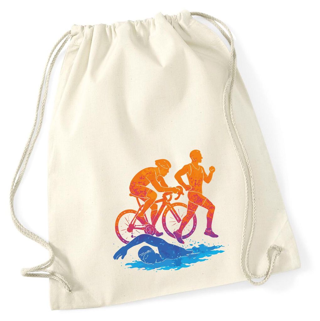 Huuraa Turnbeutel Triathlon bunte Silhouette 12 Liter Natural Baumwolle Rucksack Geschenkidee