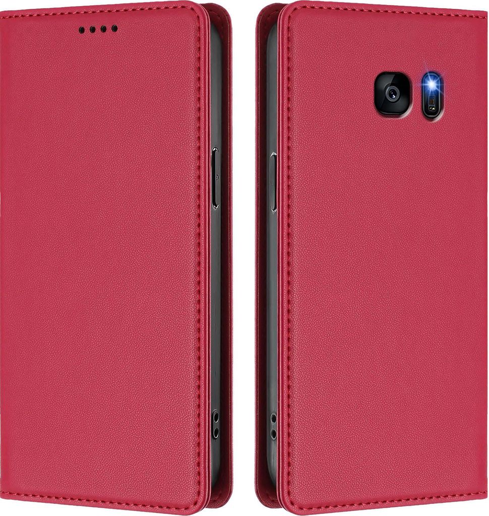 Handyhülle für Samsung Galaxy S7 Edge, Kunstleder Klapphülle Stoßfeste Magnetische Hülle mit Ständer Rot