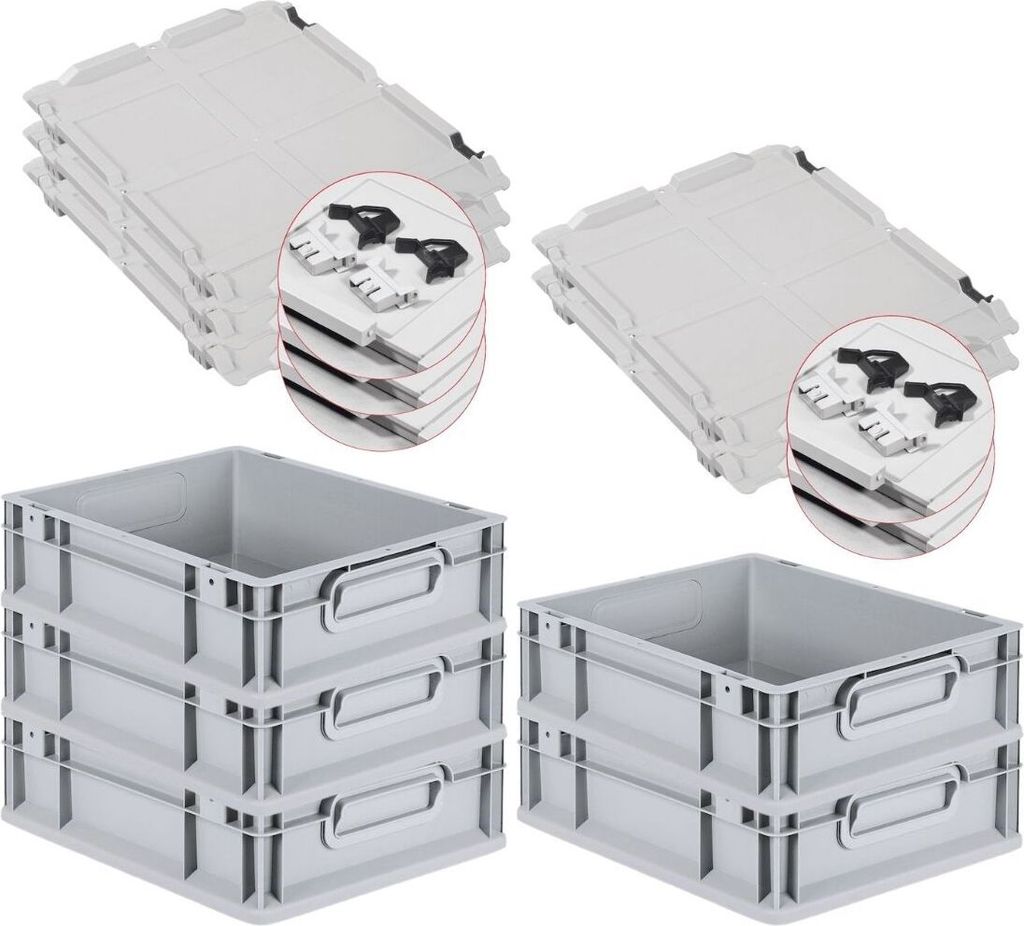SuperSparSet 5x Eurobox NextGen Economy mit Scharnierdeckel und schwarzen Schiebeschnappverschlüssen | Griffe geschlossen | HxBxT 12x30x40cm | 11 ...