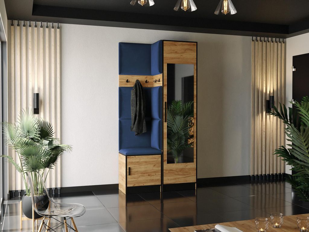 KIER FURNITURE Garderobe Roj11 - 106,4x205x39cm Eiche Craft Gold + Stoff Blau