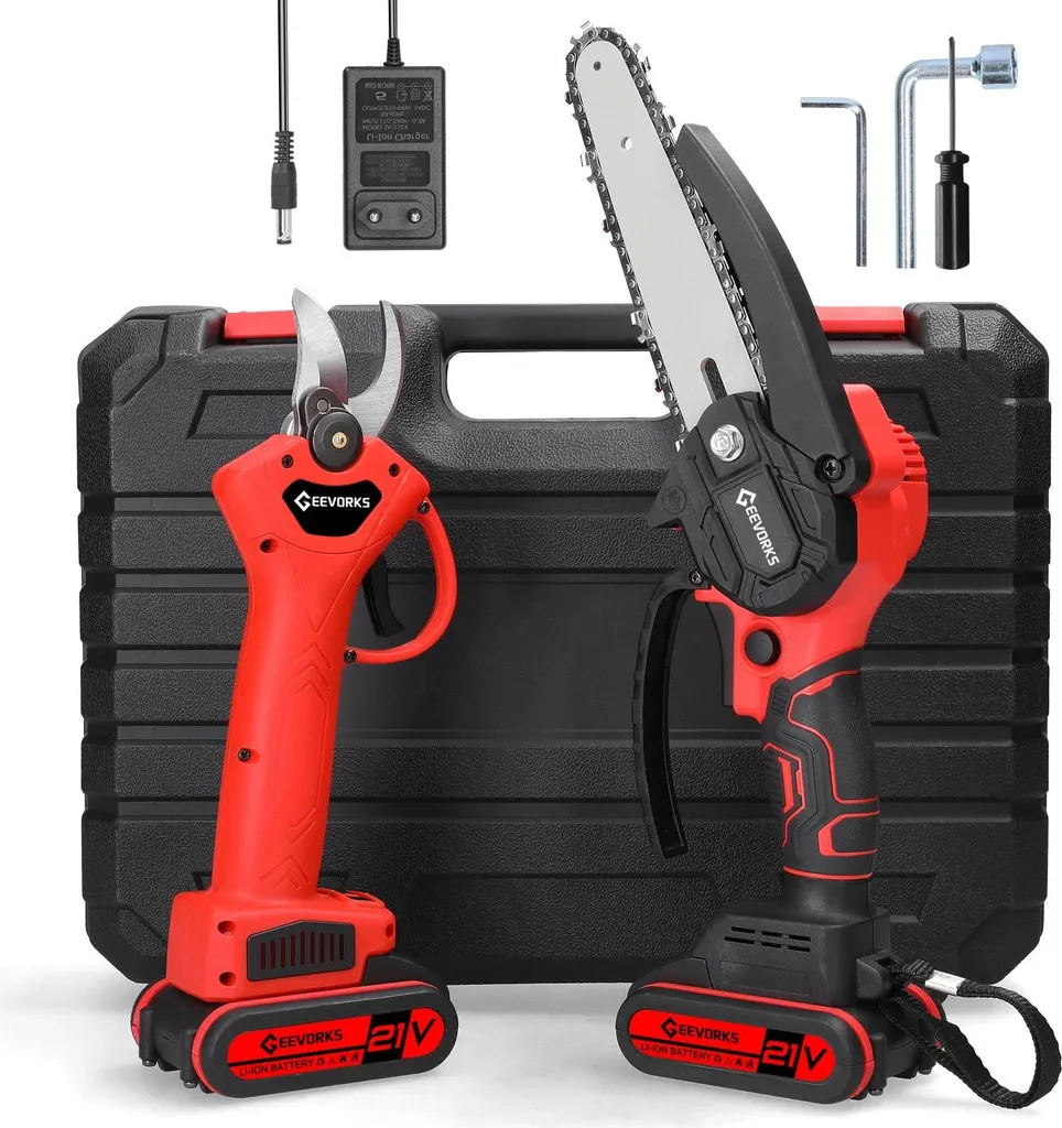 Offerta Kit Giardino 21V: Motosega + Forbice a Batteria Rosso Intenso