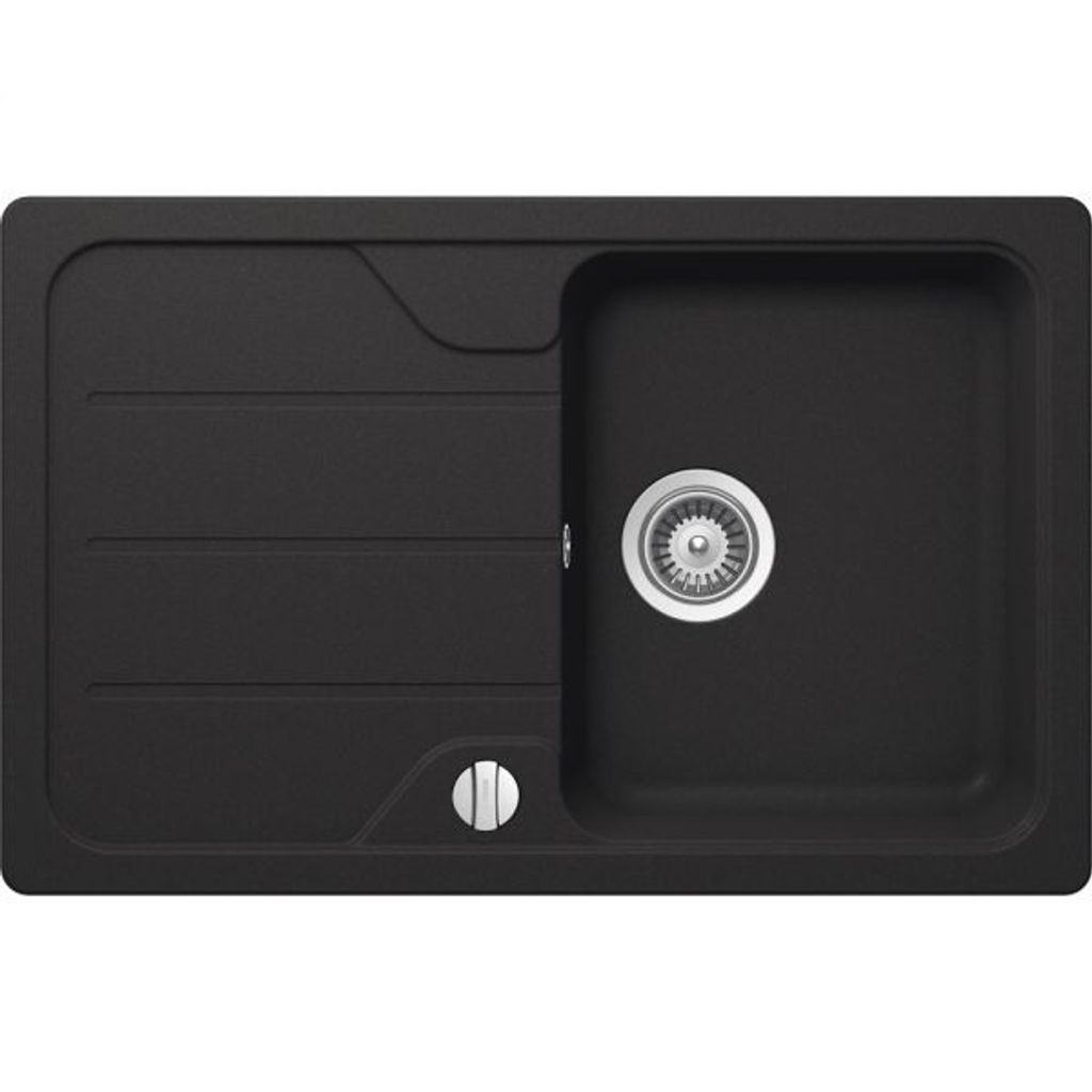 A top-down view of a black composite kitchen sink with a drainer and a central basin.