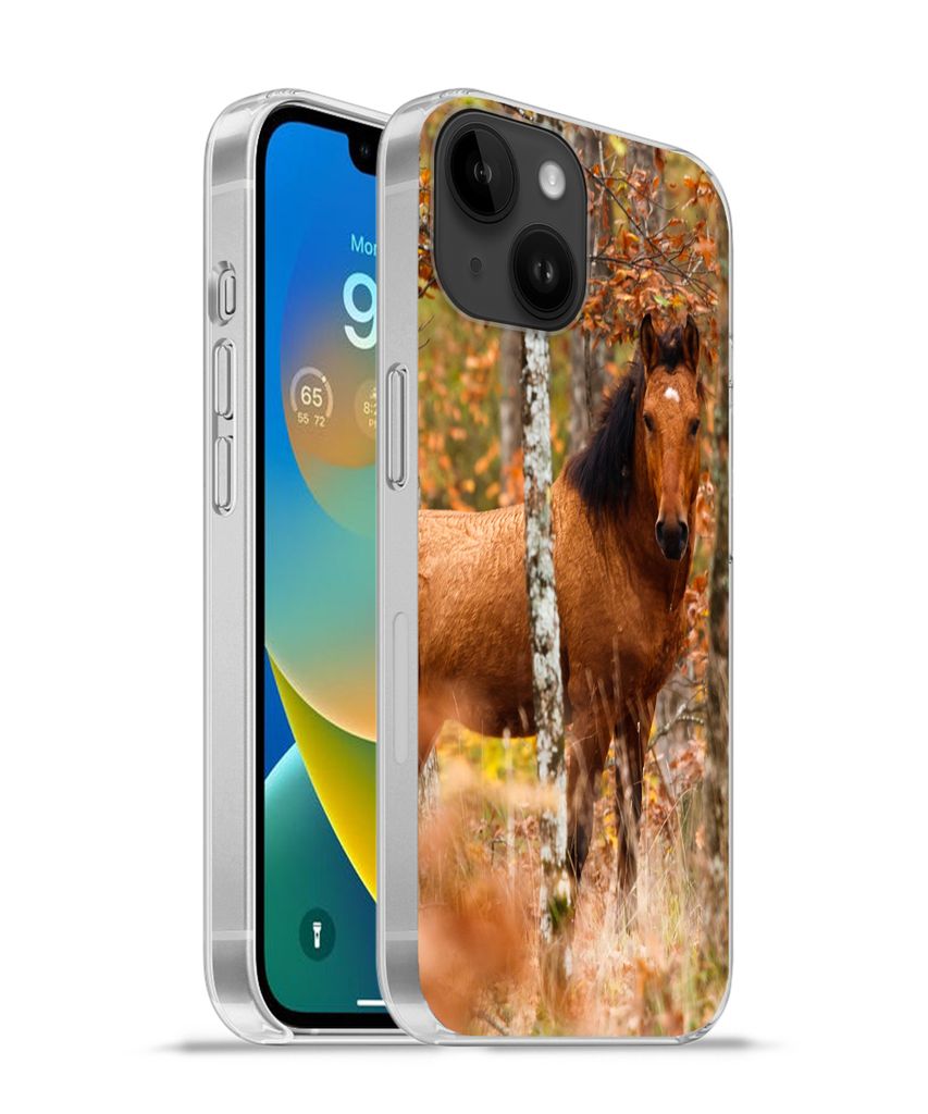 MuchoWow Handyhülle Schutzhülle Hülle für Apple iPhone 14 - Softcase Pferd - Wald - Braun Silikon Softcase Handy Hülle - Mobiltelefonhülle