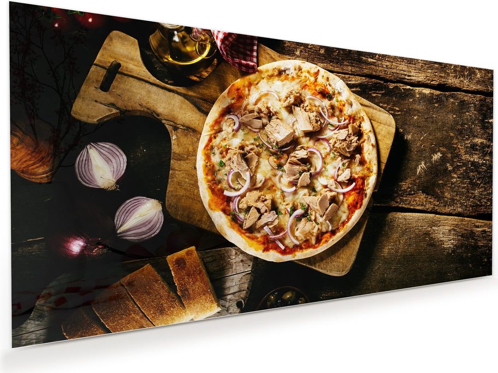 Glasbild Wandbild Pizza auf Holztisch 60x30cm in XXL für Wohnzimmer, Schlafzimmer, Badezimmer, Flur