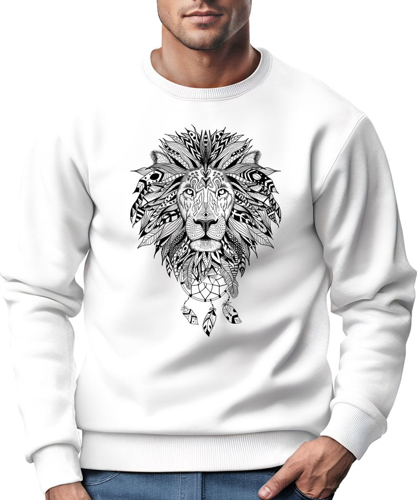 Sweatshirt Herren Aufdruck Löwe Boho Style Atzekenmuster Traumfänger Ethno-Print Rundhals-Pullover Neverless weiß XXL