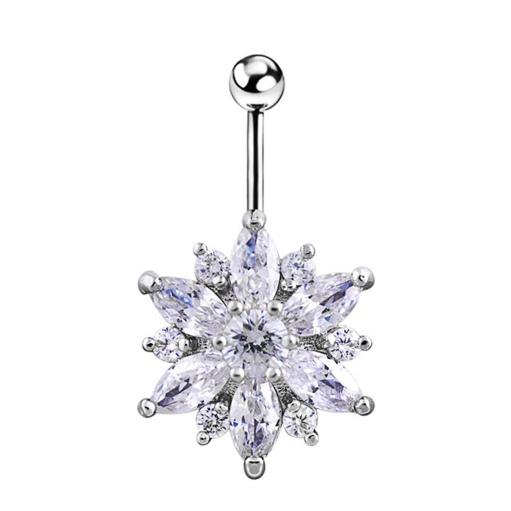 Bauchnabelpiercing für Damen, mit Strasssteinen, eingelegte Blumen, Bauchnabelpiercing, Schmuck, Geschenk-Silber + Weiß