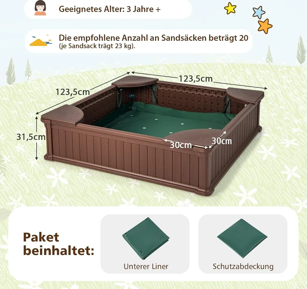 Bac à sable 123cm avec 4 sièges intégrés et structure HDPE robuste