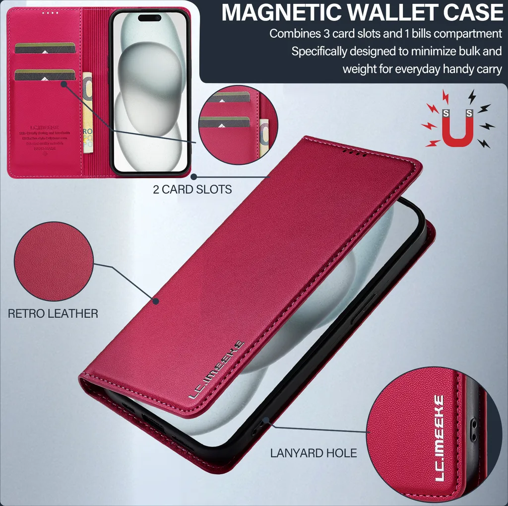 Custodia iPhone 15 Pelle Rossa Magnetica Flip - Protezione Elegante - 2
