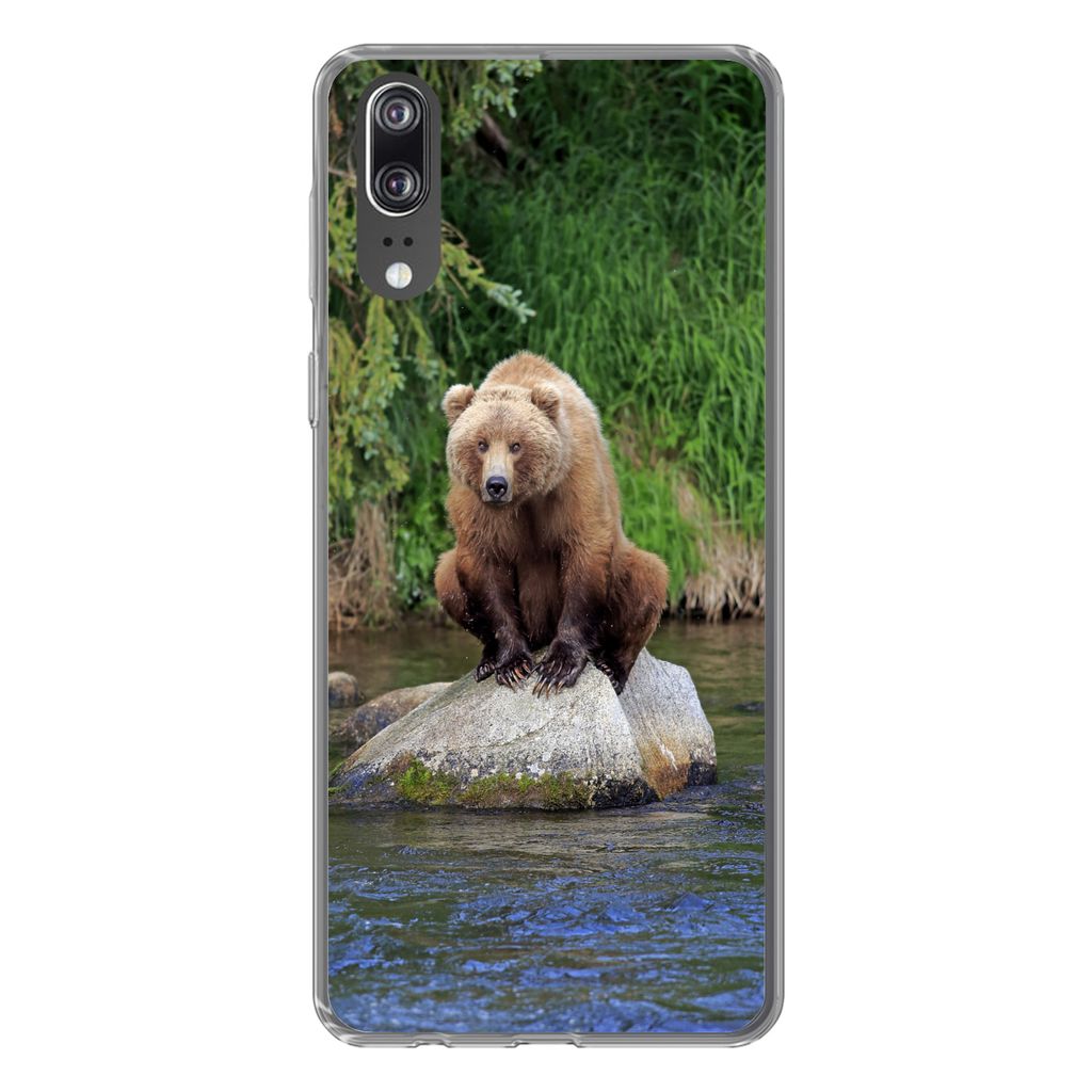 MuchoWow Handyhülle Schutzhülle Hülle für Huawei P20 Bär - Stein - Tier Silikon Softcase Handy Hülle - Hardcover