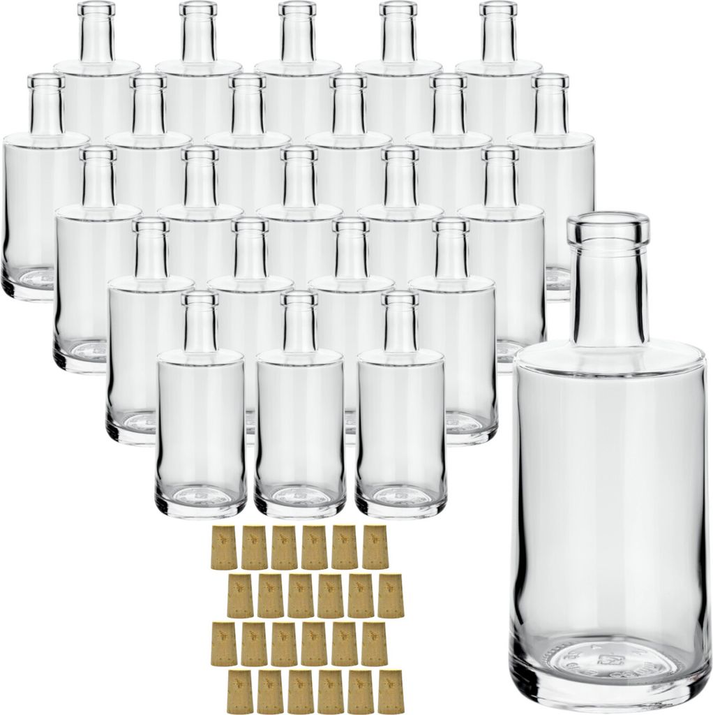 gouveo 24er Set Glasflaschen 250 ml Prim mit Korken (SK) - Kleine Flaschen 0,25 l aus hochwertigem Glas mit Korken - Glasflasche mit Korkverschluss