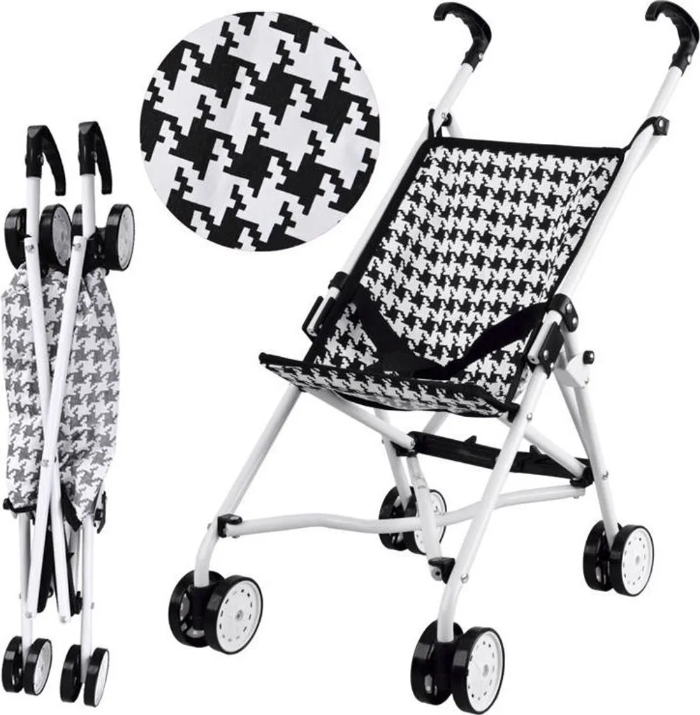 Poussette Poupée Design Noir et Blanc PIXINO avec Capote et Panier Bas