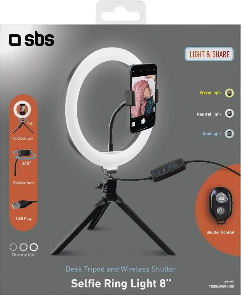 Stativ Selfie sbs Ring Light LED Réglable avec Support Universel Noir