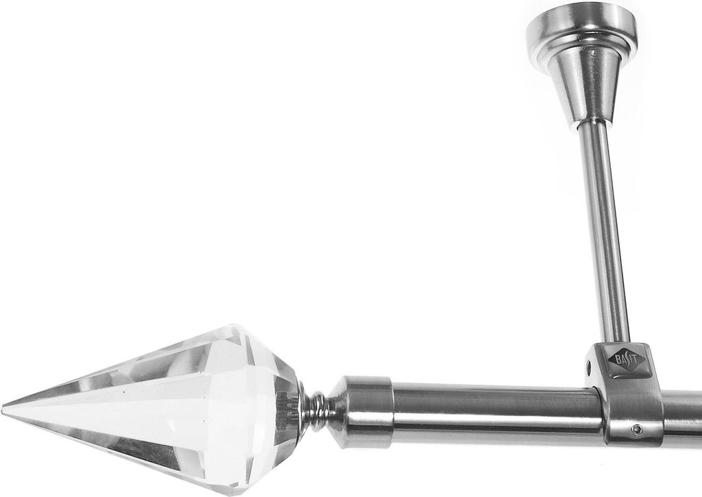 Edelstahl Look Gardinenstange 20mm Deckenträger 1-läufig Kristall Spitze, Länge wählbar D51 E37 R