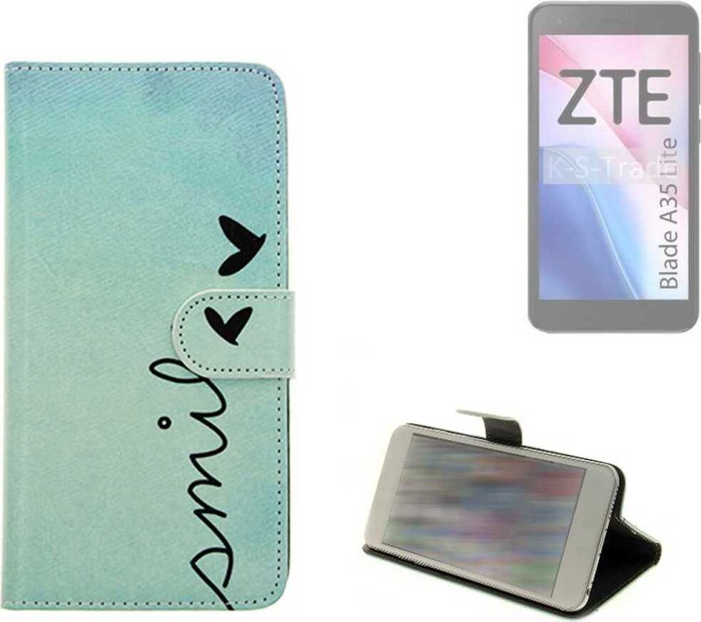 K-S-Trade Schutz Hülle Handy Hülle kompatibel mit ZTE Blade A35 Lite Hülle Handyhülle cover bookstyle Etui Handyhülle “smile“ türkis
