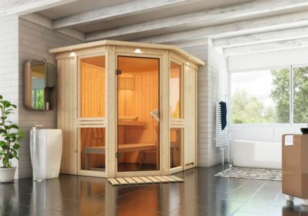 Elementsauna Karibu Omelia 1 ohne Ofen mit Dachkranz und bronzierter Ganzglastüre