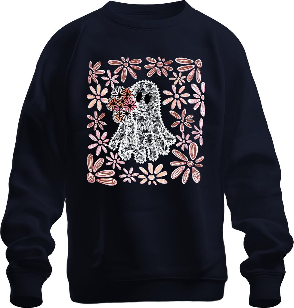 Halloween Gespenst Spitze Blumen Boho Gänseblümchen Süß Niedlich Uni Sweatshirt Pullover, Navy, M