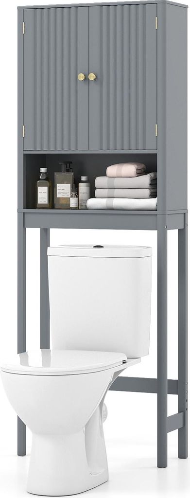 COSTWAY Toilettenschrank, Badezimmerschrank mit Türen, Überbauschrank mit verstellbarem Fach & unterer Stange, Toilettenregal, Grau