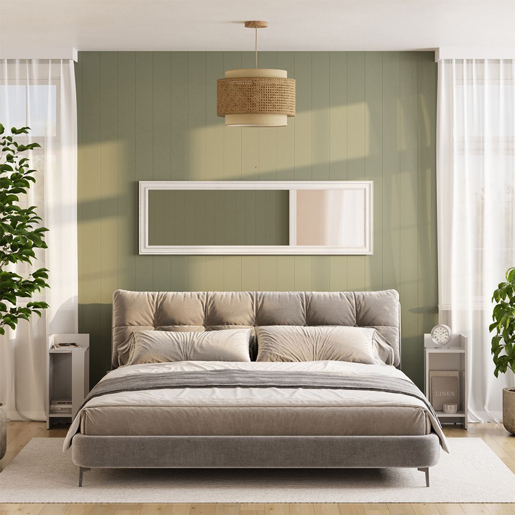 A bedroom scene with a bed, nightstands, and a large framed picture on the wall.