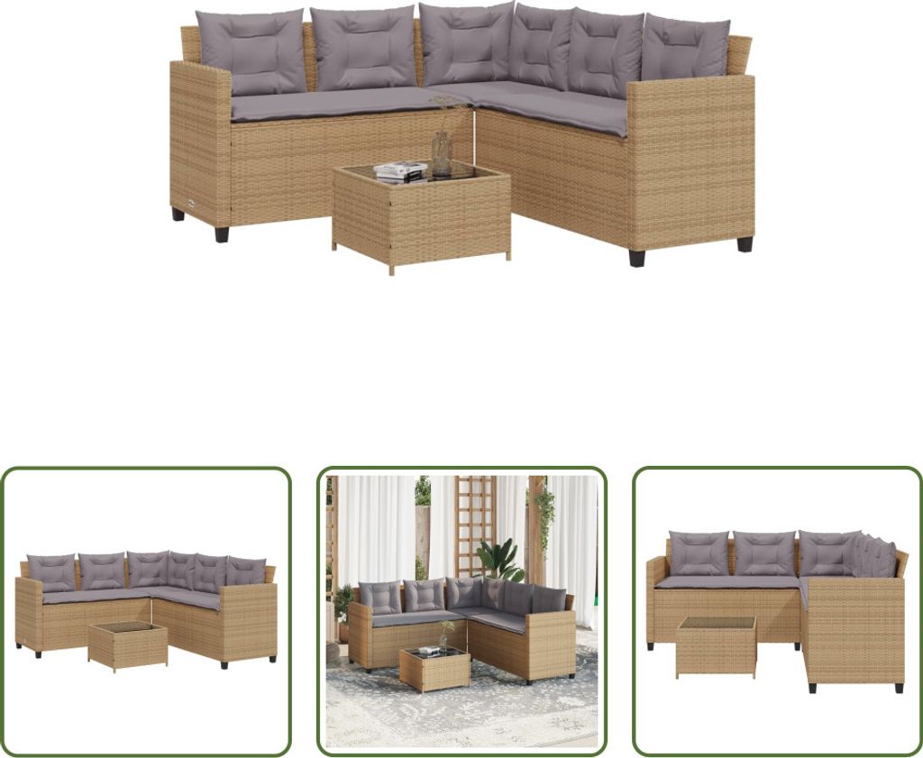The Living Store Gartensofa in L-Form mit Tisch und Kissen Beige Poly Rattan
