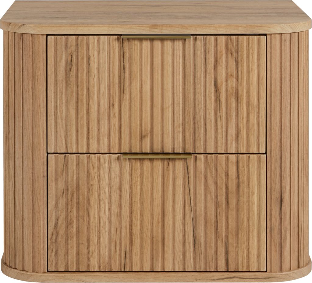 A wooden cabinet with two drawers and golden handles.