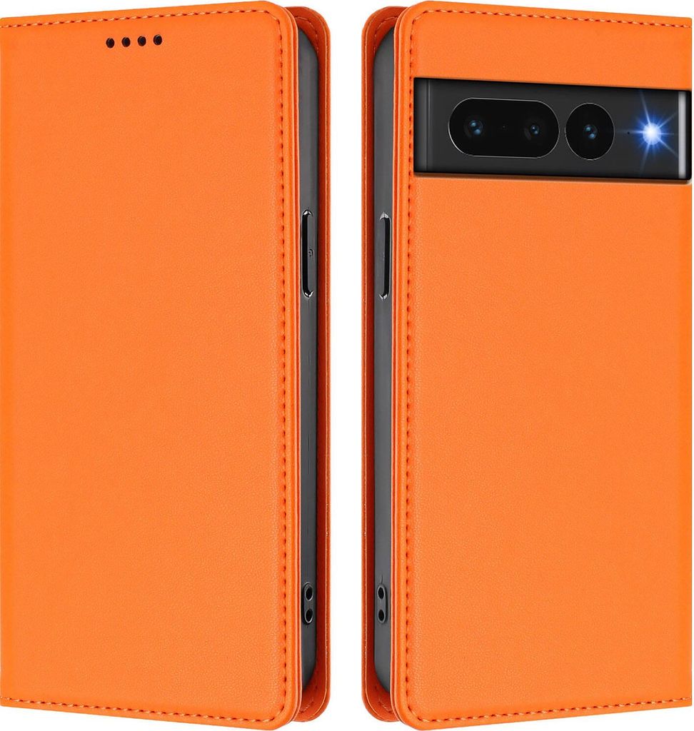 Handyhülle für Google Pixel 7 Pro, Kunstleder Klapphülle Stoßfeste Magnetische Hülle mit Ständer Orange