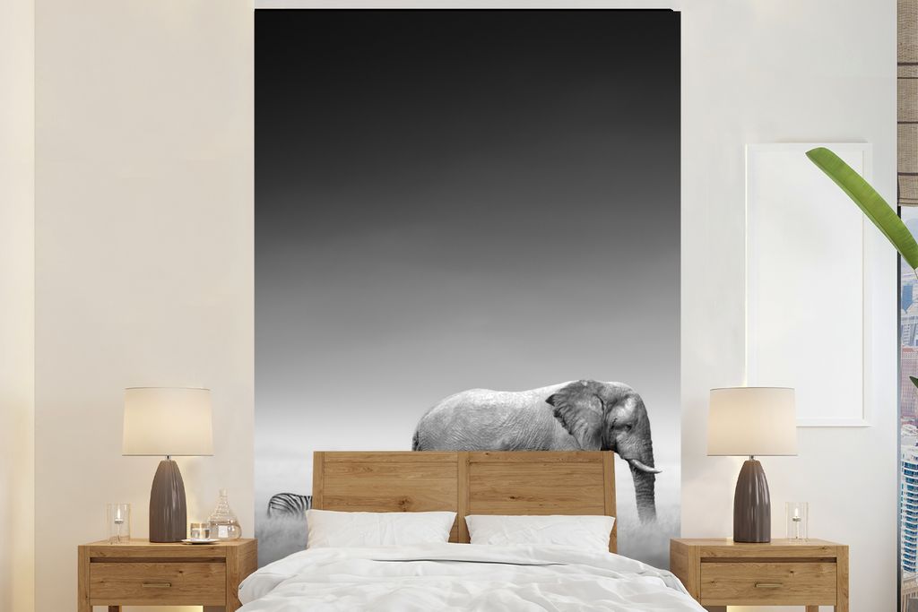 MuchoWow Fototapete für Wohnzimmer oder Schlafzimmer Wandtapete Vinyl Motivtapete Elefant - Tiere - Landschaft - Schwarz und weiß - Zebra - 170...
