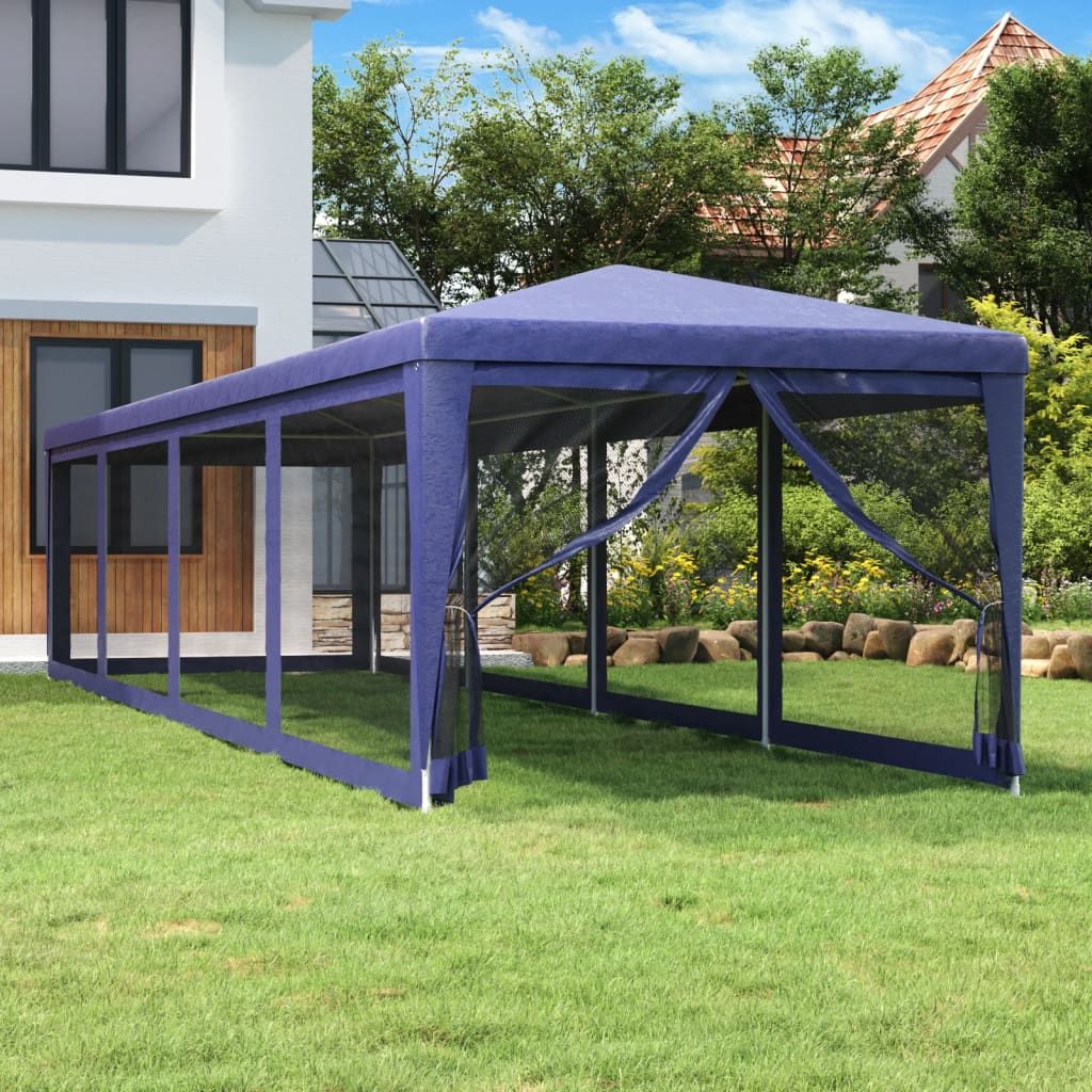 The Living Store Partyzelt mit 10 Mesh-Seitenwänden Blau 3x12 m HDPE