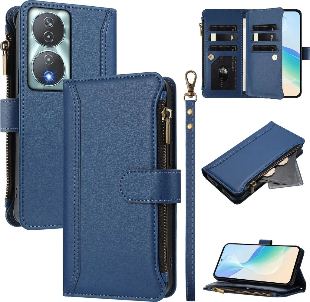 Custodia per Honor 90 Smart/Honor X7B/X7B 5G, con cerniera, portafoglio Custodia flip in Finto cuoio con tasche per carte, supporto e passante per mano blu