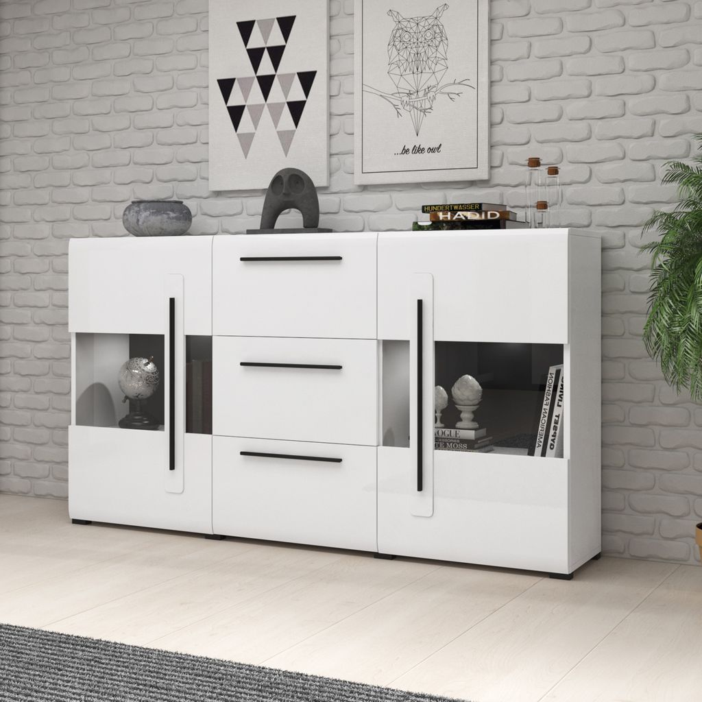 Masseno Kommode TULLIA 180 cm Sideboard mit 3 Schubladen und 2 Türen für Wohnzimmer Schlafzimmer Modern 180x39x103 cm Weiß / Weiß