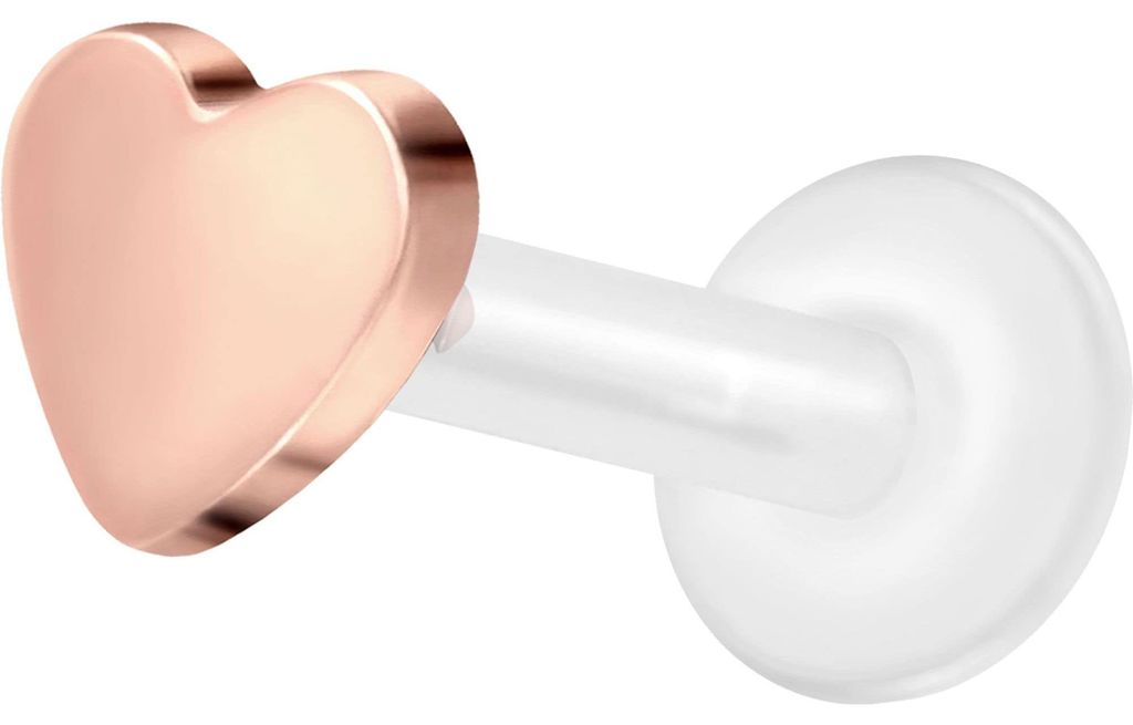 Ohrpiercing, Nasenpiercing PTFE Labret mit Innengewinde + Titan-Aufsatz HERZ RoséGold Stablänge: 6mm | Stabstärke: 1,2mm