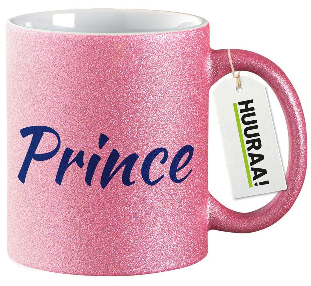 Huuraa Glitzertasse Prince Schriftzug 330ml Pink Keramik Kaffeebecher Geschenkidee