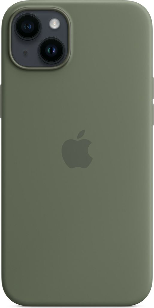 The back of a green iPhone 14 Plus case with the Apple logo in the center.