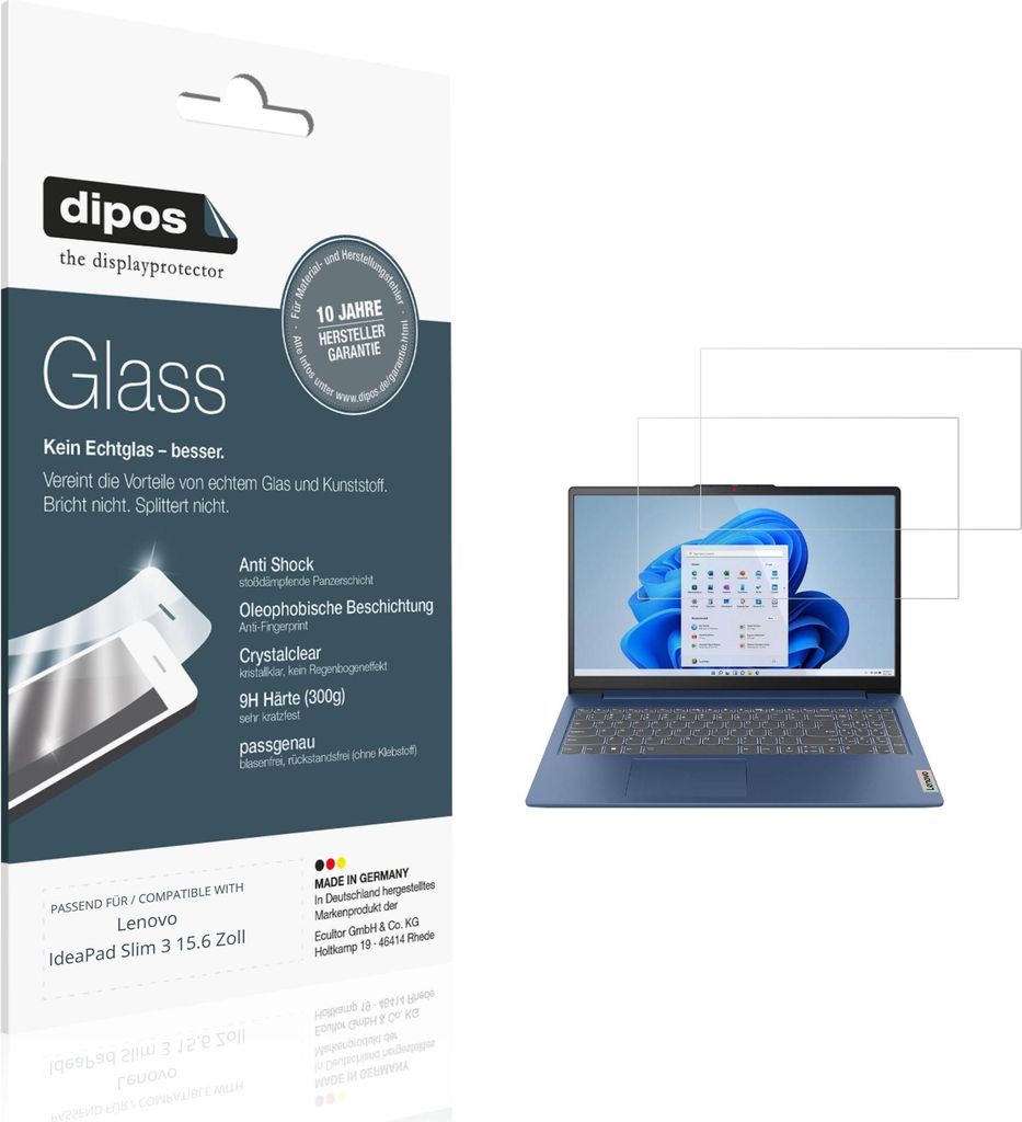 2x Schutzfolie für Lenovo IdeaPad Slim 3 15.6 Zoll - Anti-Shock 9H Folie dipos Glass Kunststoffglas