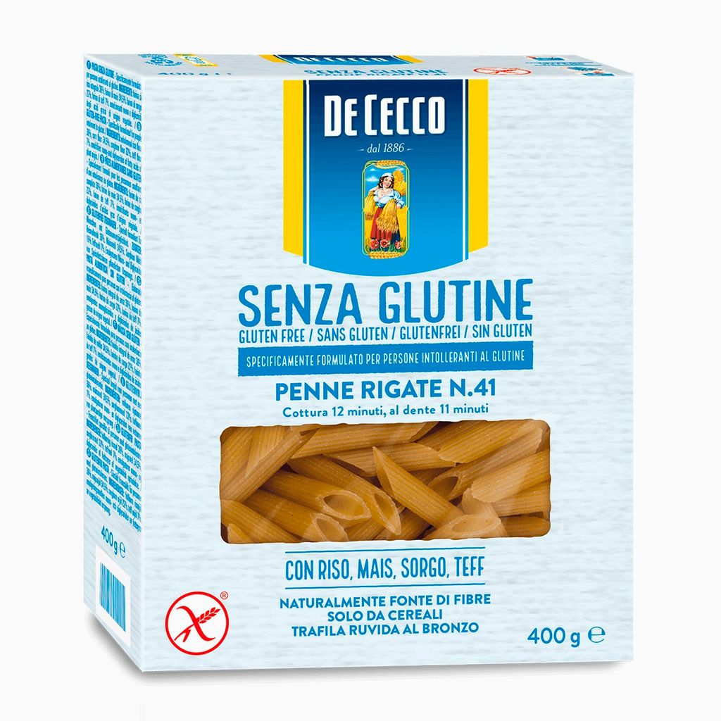 A box of De Cecco gluten-free penne rigate pasta.