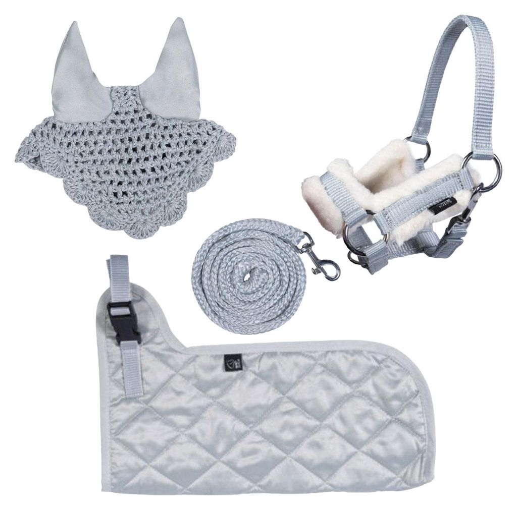 Hobby Horse Set - Halfter, Strick, Decke & Fliegenhaube im passenden Design + Gratis Stirnriemen HobbyHorse Farbe - Grau