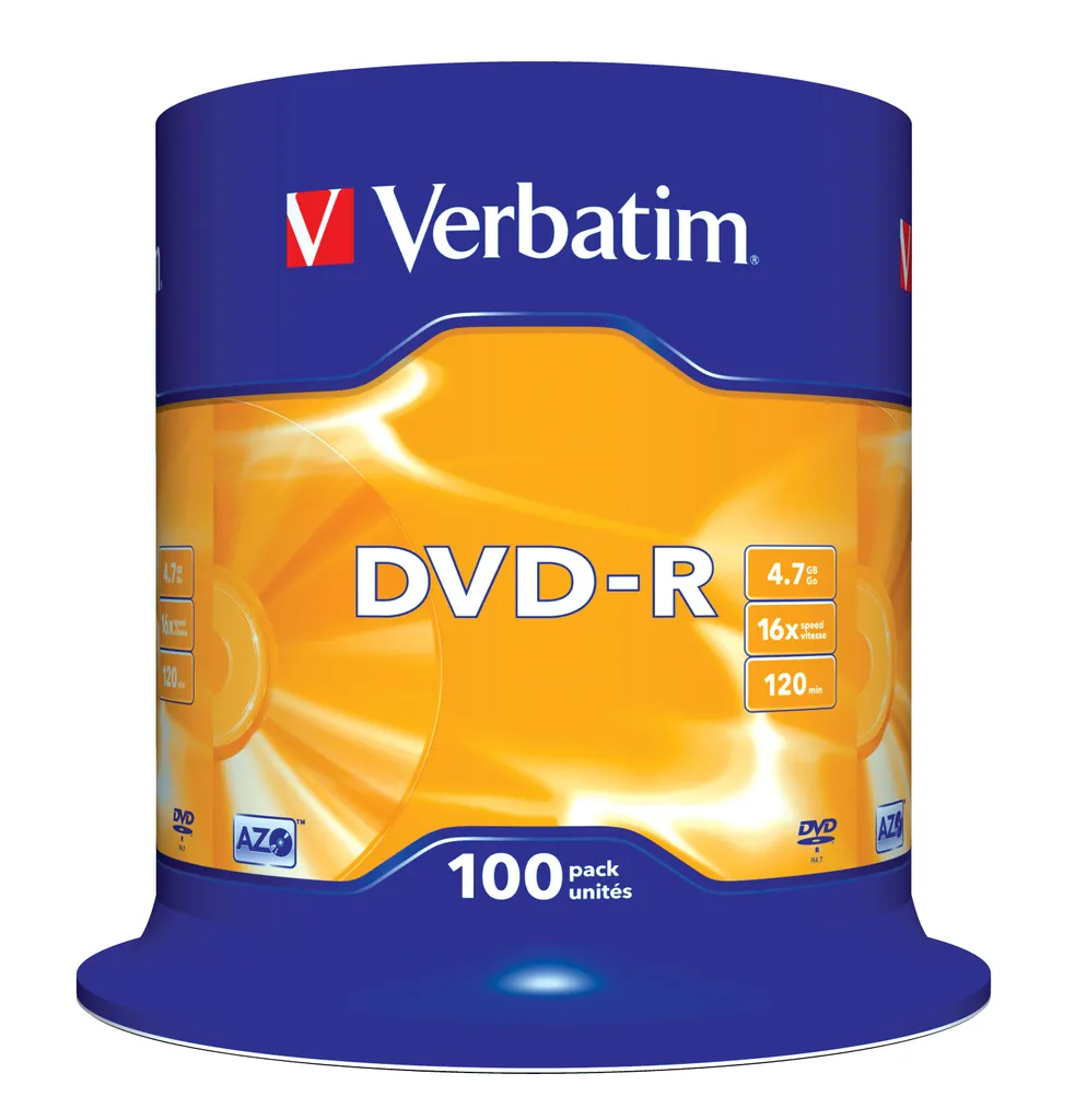 DVD-R Verbatim 120min 4.7Go Vitesse 16x Broche 100 DVD Haute Qualité