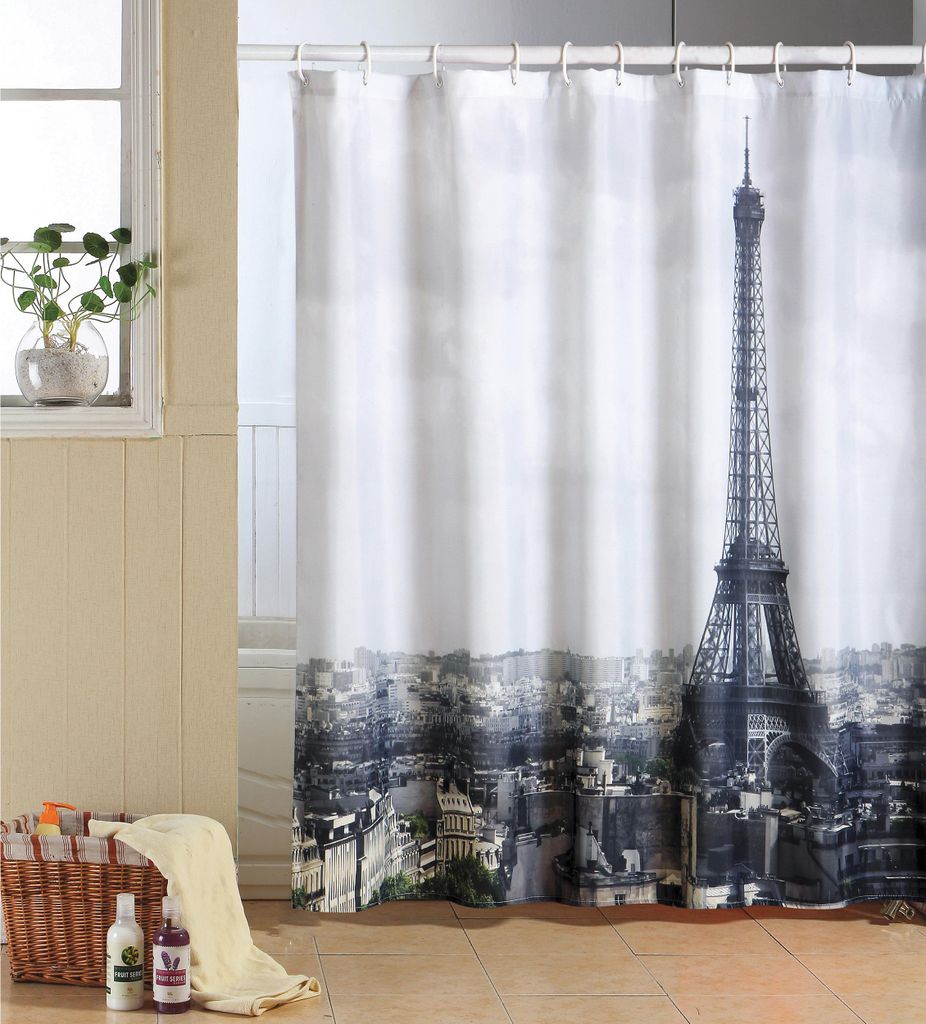 MSV Anti-Schimmel Duschvorhang - Anti-Bakteriell, waschbar, wasserdicht, mit 12 Duschvorhangringen - Polyester, „Paris“ 180x200cm