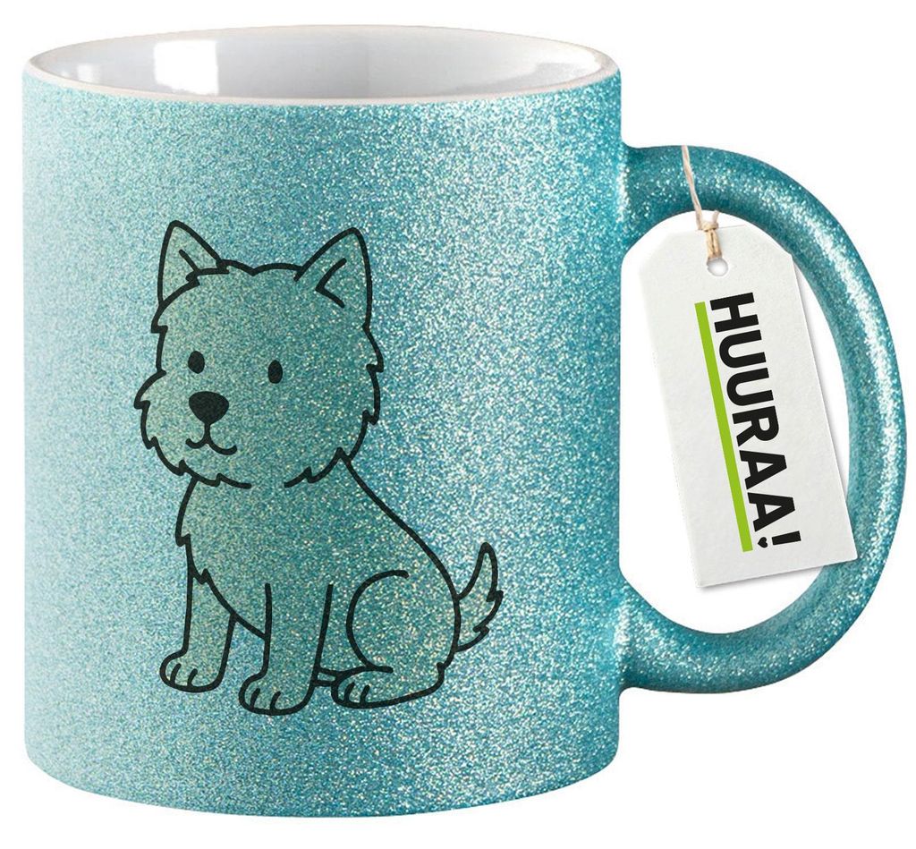 Huuraa Glitzertasse West Highland White Terrier Comic Westie 330ml Blau Keramik Kaffeebecher Geschenkidee
