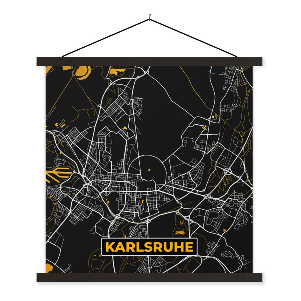 MuchoWow Textilposter Karlsruhe - Gold - Stadtplan - Karte - Deutschland 120x120 cm mit schwarzem Rahmen - Aufhängungsset