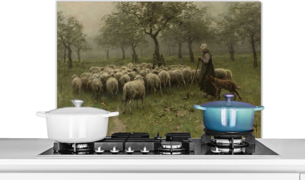 KitchenYeah Spritzschutz Küche - Küchenrückwand - Wandschutz für Herd und Spüle - Hirtin mit Schafherde - Gemälde von Anton Mauve 90x60 - ...