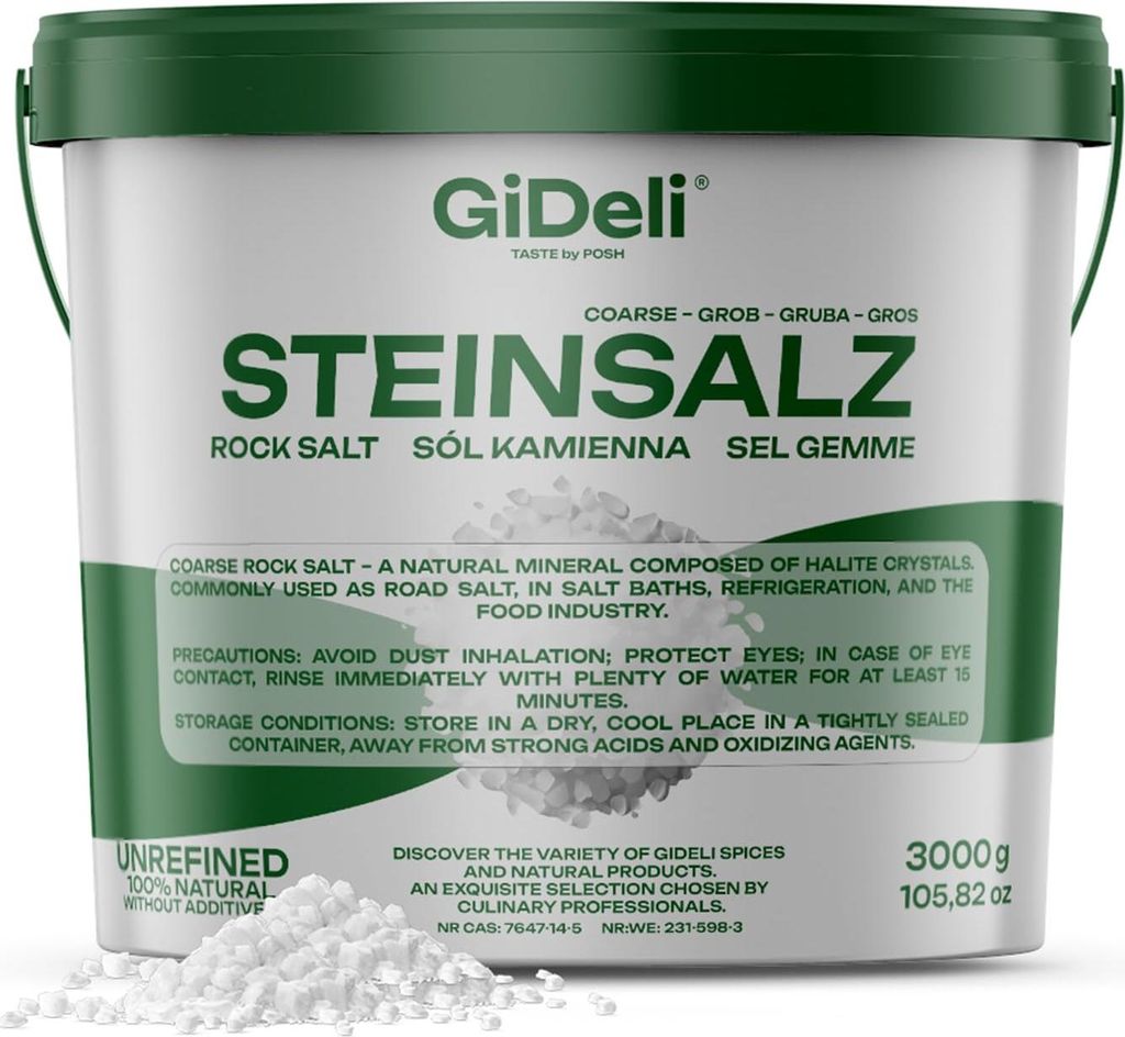 GiDeli Weißes Steinsalz Grob 3kg – Eimer Verpackung