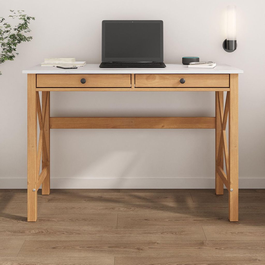 Schreibtisch ADRIAN aus Massivholz, Weiß/Eiche - Home Office Tisch mit 2 Schubladen und Metallgriffe, Ideal als Bürotisch oder Computertisch für...