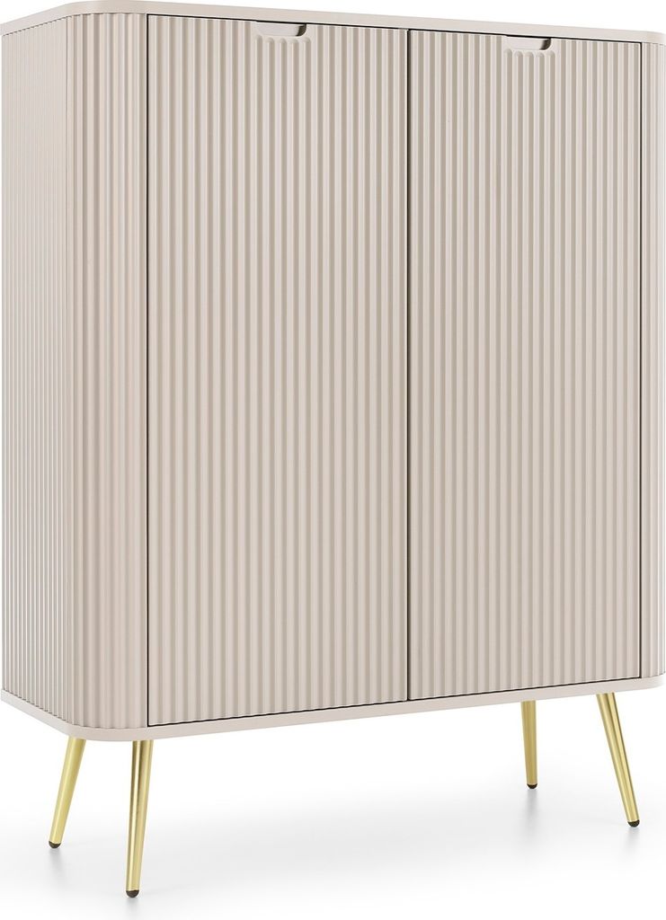 Kommode 100 cm Gerly - Loft, Metallbeine, geriffelten Fronten, 2 Türen - Sideboard mit Lamellen, Hochkommode auf Beinen (Beige / Gold)
