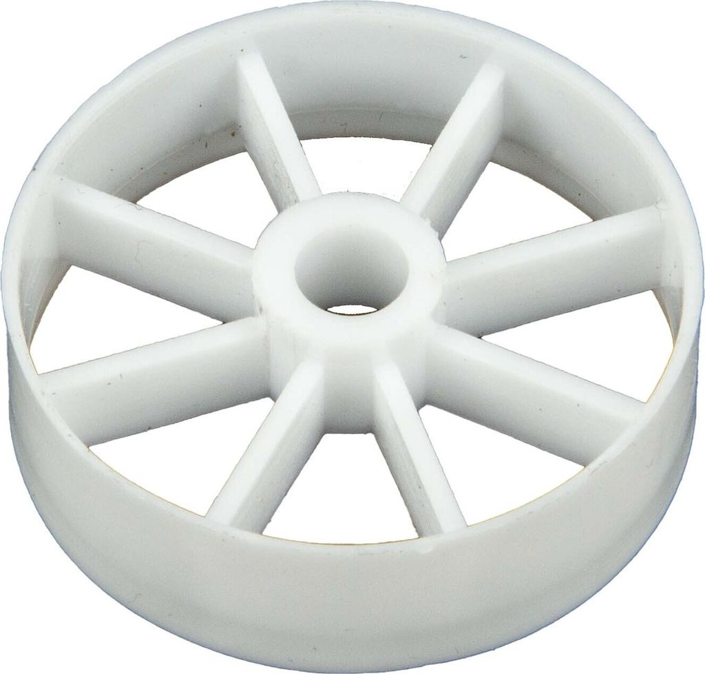 A white plastic wheel with spokes, likely a replacement part.