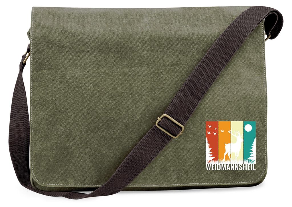 Huuraa Umhängetasche Weidmannsheil Hirsch Wald 14 Liter Military Green Canvas Laptoptasche Geschenkidee