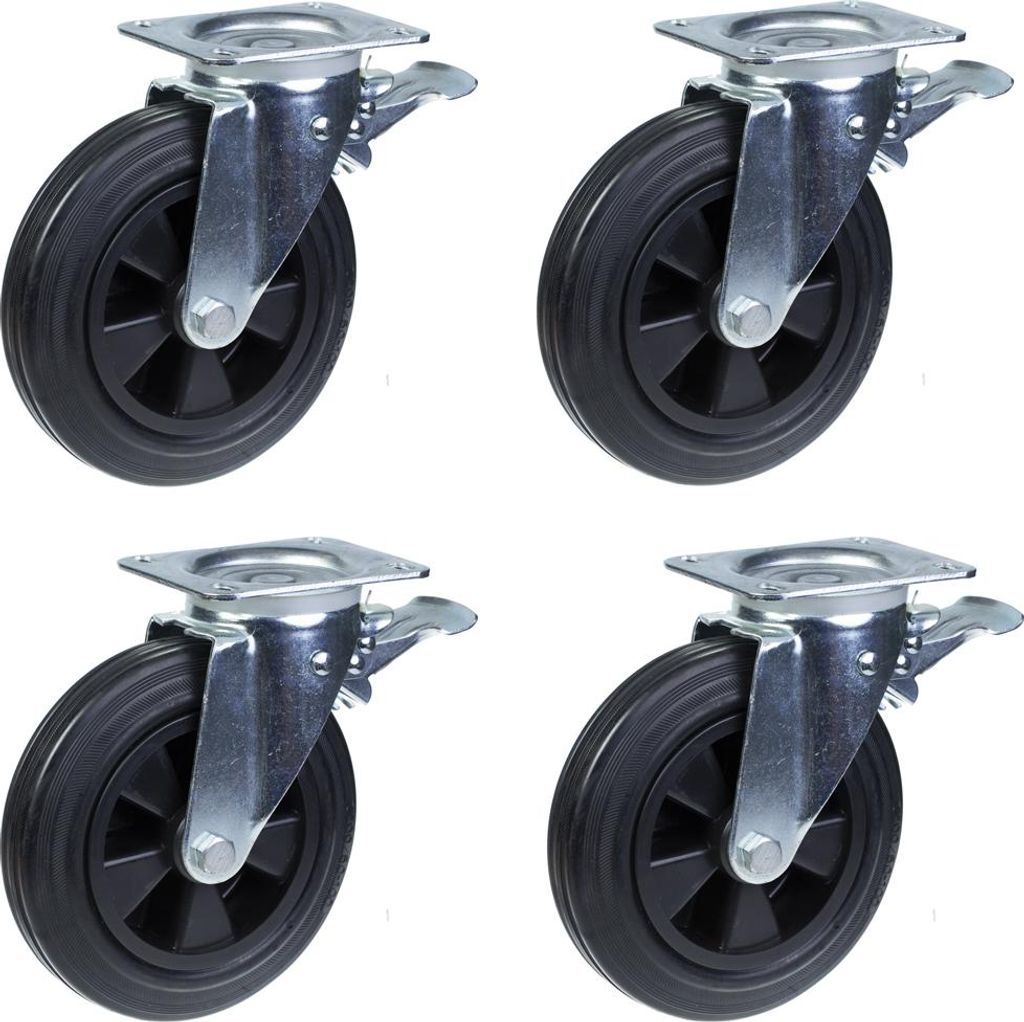4 - 200mm Rollen aus schwarzem Gummi mit Schwenkbremse 200kg pro Stück Schwerlast 800kg pro Satz