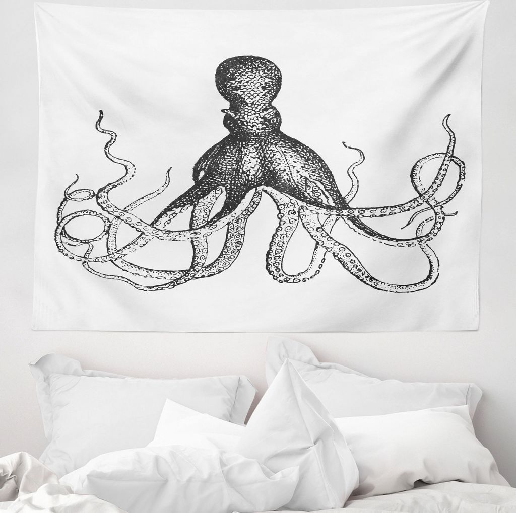 ABAKUHAUS Tintenfisch Wandteppich, Wassertier-Skizze aus Weiches Mikrofaser Stoff Waschbar ohne Verblassen Digitaldruck, 150 x 110 cm, Weiß Koksgraue