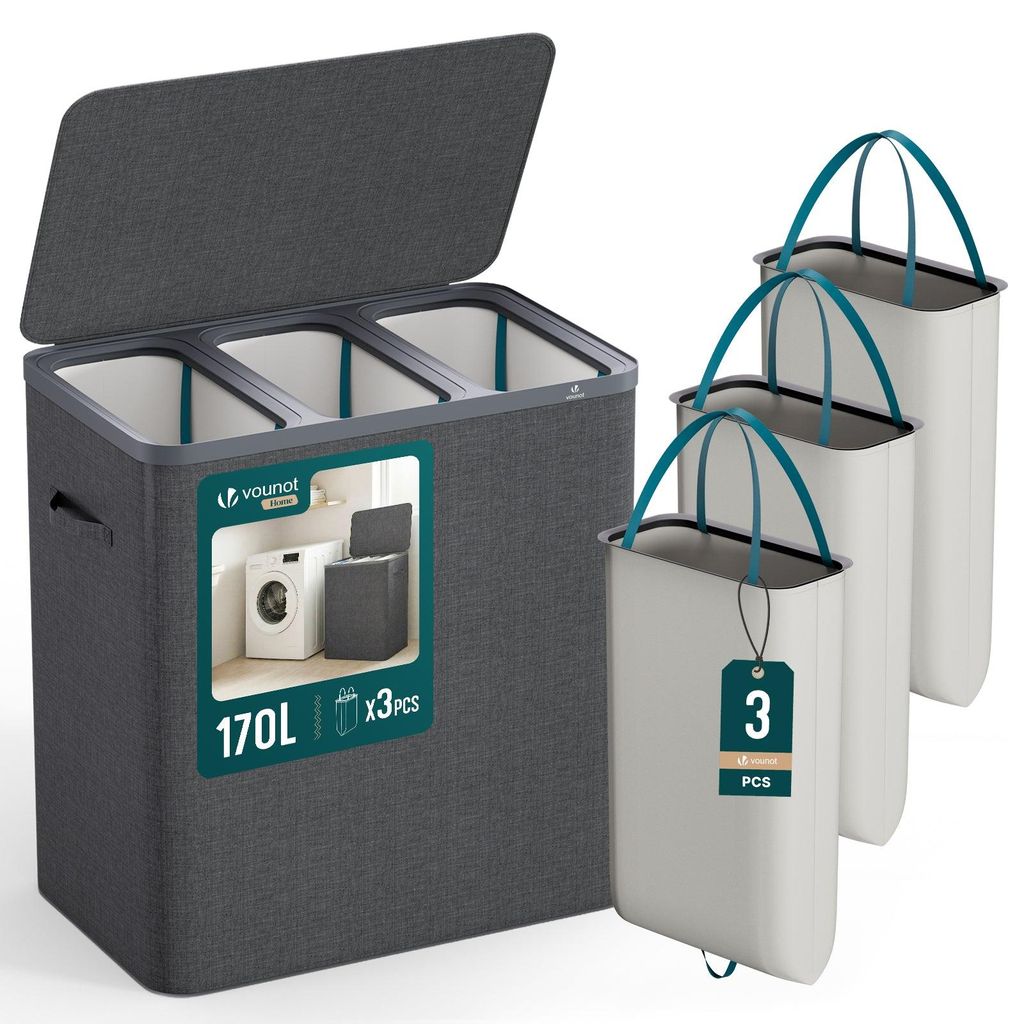 VOUNOT® Wäschekorb 3 Fächer 170L, Wäschesammler mit Deckel  Produktbild 