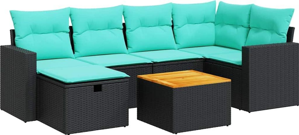 7-tlg. Garten-Sofagarnitur mit Kissen Schwarz Poly Rattan